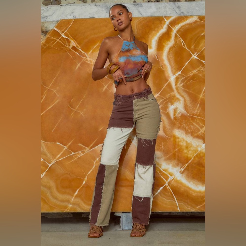 JADED LONDON boyfriend fit high waisted brown patchwork denim jeans